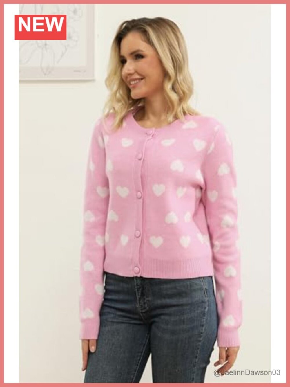 Women's Heart Cardigan Cropped Button Down Crewneck Long Sleeve Knit Sweater - Picture 5 of 6